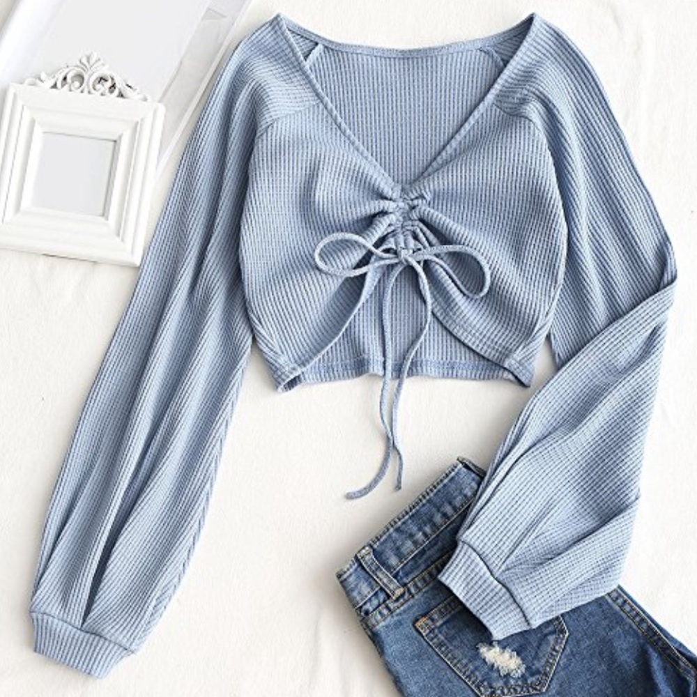 Zaful Blue Cropped Long Sleeve Sweater